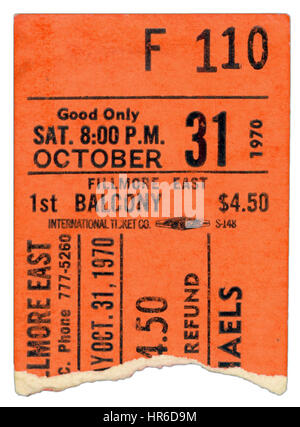 Ticket-Stub von Lee Michaels erklingt in Fillmore East in New York City am 31. Oktober 1970 Stockfoto