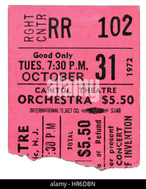 Ticket-Stub von Frank Zappa und die Mothers of Invention Durchführung im Capitol Theatre in New York City am 31. Oktober 1972 Stockfoto