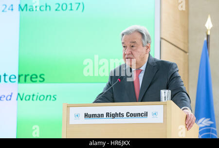 Genf, Schweiz. 27. Februar 2017. UN-Generalsekretär Antonio Guterres hält eine Rede bei der Eröffnung der 34. Sitzung der Human Rights Council (HRC) in Genf, Schweiz, 27. Februar 2017. Bildnachweis: Xu Jinquan/Xinhua/Alamy Live-Nachrichten Stockfoto