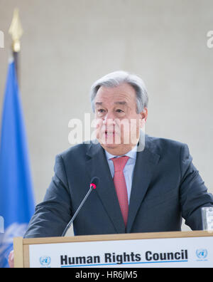 Genf, Schweiz. 27. Februar 2017. UN-Generalsekretär Antonio Guterres hält eine Rede bei der Eröffnung der 34. Sitzung der Human Rights Council (HRC) in Genf, Schweiz, 27. Februar 2017. Bildnachweis: Xu Jinquan/Xinhua/Alamy Live-Nachrichten Stockfoto