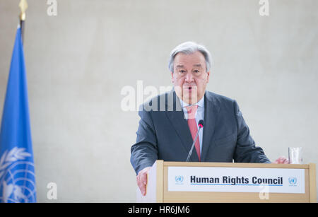 Genf, Schweiz. 27. Februar 2017. UN-Generalsekretär Antonio Guterres hält eine Rede bei der Eröffnung der 34. Sitzung der Human Rights Council (HRC) in Genf, Schweiz, 27. Februar 2017. Bildnachweis: Xu Jinquan/Xinhua/Alamy Live-Nachrichten Stockfoto