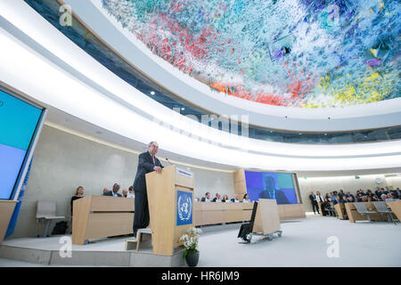 Genf, Schweiz. 27. Februar 2017. UN-Generalsekretär Antonio Guterres hält eine Rede bei der Eröffnung der 34. Sitzung der Human Rights Council (HRC) in Genf, Schweiz, 27. Februar 2017. Bildnachweis: Xu Jinquan/Xinhua/Alamy Live-Nachrichten Stockfoto