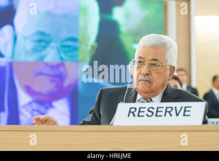 Genf, Schweiz. 27. Februar 2017. Der palästinensische Präsident Mahmoud Abbas besucht die Eröffnung der 34. Human Rights Council (HRC) Tagung in Genf, Schweiz, 27. Februar 2017. Bildnachweis: Xu Jinquan/Xinhua/Alamy Live-Nachrichten Stockfoto