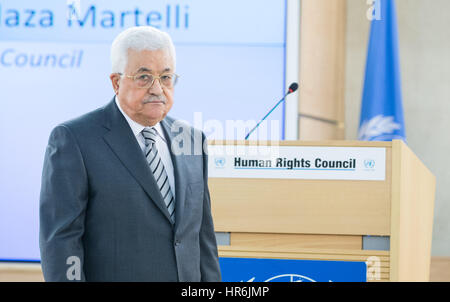 Genf, Schweiz. 27. Februar 2017. Der palästinensische Präsident Mahmoud Abbas kommt für die Eröffnung der 34. Human Rights Council (HRC) Tagung in Genf, Schweiz, 27. Februar 2017. Bildnachweis: Xu Jinquan/Xinhua/Alamy Live-Nachrichten Stockfoto