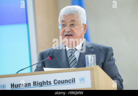 Genf, Schweiz. 27. Februar 2017. Der palästinensische Präsident Mahmoud Abbas hält eine Rede bei der Eröffnung der 34. Sitzung der Human Rights Council (HRC) in Genf, Schweiz, 27. Februar 2017. Bildnachweis: Xu Jinquan/Xinhua/Alamy Live-Nachrichten Stockfoto