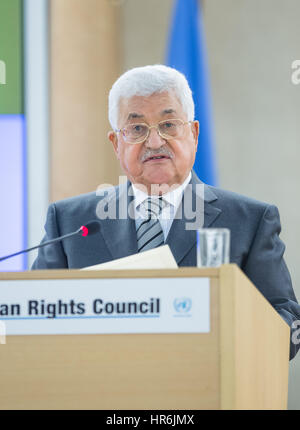 Genf, Schweiz. 27. Februar 2017. Der palästinensische Präsident Mahmoud Abbas hält eine Rede bei der Eröffnung der 34. Sitzung der Human Rights Council (HRC) in Genf, Schweiz, 27. Februar 2017. Bildnachweis: Xu Jinquan/Xinhua/Alamy Live-Nachrichten Stockfoto