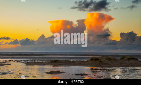 Amboss Gewitter Wolken über der Irischen See. Southport, Merseyside, Großbritannien. Februar 2017. Wetter. Sonnenuntergang über Ainsdale Beach als aufragende Cumulus congestus Wolken, auch bekannt als aufragende Cumulus Form am Horizont über der Irischen See. Diese dichten Formationen sind mit Gewittern und atmosphärischer Instabilität verbunden, die sich aus Wasserdampf bilden, der von starken aufsteigenden Luftströmungen getragen wird, und wenn man sie während eines Sturms beobachtet, werden diese Wolken als Gewitter bezeichnet. Quelle: MediaWorldImages/AlamyLiveNews Stockfoto