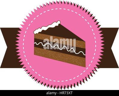 bunte Stempel Aufkleber mit Stück Kuchen mit Sahne und Band Stock Vektor