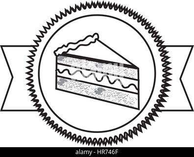 Silhouette Stempel Aufkleber mit Stück Kuchen mit Sahne und Band Stock Vektor