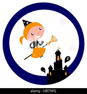 10618054 - nette Hexe Mädchen Halloween Spukschloss herumfliegen. Vektor-Cartoon-Illustration. Stockfoto