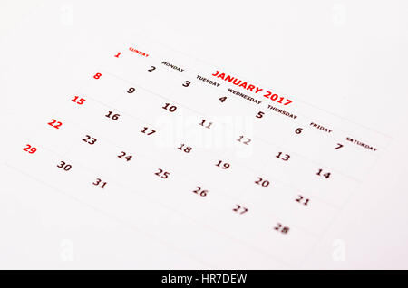 Nahaufnahme der Kalender für Januar 2017 Stockfoto