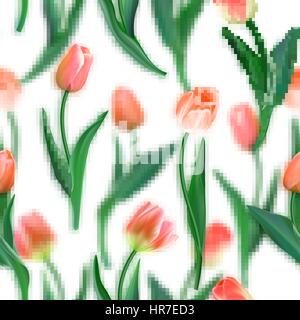 Nahtlose Blumenmuster. Realistische Tulpen mit Tulpen unscharfen Hintergrund. Aquarell Nachahmung. Nicht die Spur. Vektor nahtlose Hintergrund. Rote Tulpen Stock Vektor