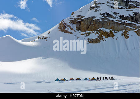 Bergsteiger erkunden einen Gletscher vom Basislager am Mount McKinley, Alaska Range, Denali National National Park. Stockfoto