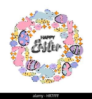 Hand-Schriftzug Frohe Ostern Karte. Vintage Kranz mit Hasen, Blumen, Herzen und Schmetterlinge. Stock Vektor