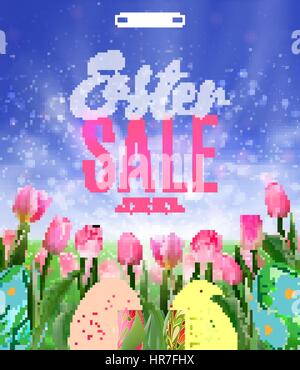 Ostereier Verkauf Tulpen und Schriftzug EPS 10 Vektor Royalty free stock Illustration für Grußkarte, Anzeige, Werbung, Poster, Flieger, Blog, Artikel, social-media Stock Vektor