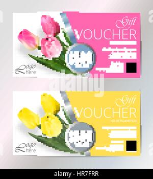 Geschenk Gutschein Vorlage set mit Tulpen Blumen. Nettes Geschenk Gutschein Coupon Design Zertifikatvorlage. Kollektion Geschenkgutschein Visitenkarte Banner Visitenkarte Plakat. Vektor-illustration Stock Vektor