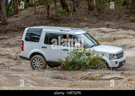 Land Rover Fahrzeuge, die im Gelände auf einer Land rover Experience Aktivität im neuen Süden von wales, Australien, fahren Stockfoto