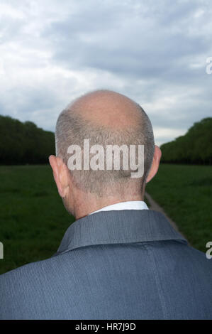Hintere Ansicht Porträt ein glatzköpfiger Mann mittleren Alters weit in den Wald auf der Suche Stockfoto