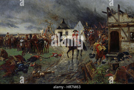 Dieses historische Gemälde zeigt einen Schlüsselmoment während des Dreißigjährigen Krieges und fokussiert auf die Figur Wallensteins. Sie erfasst die militärischen und politischen Spannungen der damaligen Zeit und betont das Drama und die Auswirkungen des Konflikts. Stockfoto