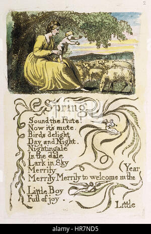„Songs of Innocence and of Experience“ ist eine Sammlung von Gedichten von William Blake, die erstmals 1794 veröffentlicht wurde. Der „Frühling“-Gravur stellt die Unschuld dar, mit der Darstellung eines fröhlichen Kindes und einer blühenden Natur. Blakes Arbeiten beschäftigen sich mit gegensätzlichen Themen von Unschuld und Erfahrung und repräsentieren die Reinheit und Korruption der menschlichen Seele durch lebendige Bilder und Symbolismus. Stockfoto