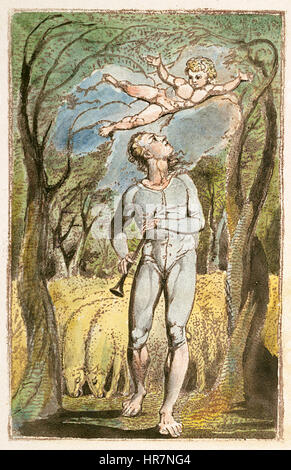 William Blakes „Songs of Innocence and of Experience“ ist eine Sammlung von Gedichten und Illustrationen, die die Unschuld der Jugend mit der Korruption der Erfahrung kontrastieren. Diese Kopie B (1794) ist Teil der Sammlung des British Museum und zeigt Blakes ikonische, detaillierte Gravuren. Stockfoto