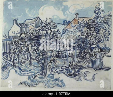 Vincent van Goghs Gemälde „Old Vineyard with Peasant Woman“ zeigt eine ländliche Szene mit einer einsamen Frau, die in einem Weinberg arbeitet. Das Stück reflektiert van Goghs Verwendung lebendiger Farben und ausdrucksstarker Pinselarbeiten, die in seinen späteren Werken üblich sind und die Einfachheit des ländlichen Lebens einfangen. Stockfoto