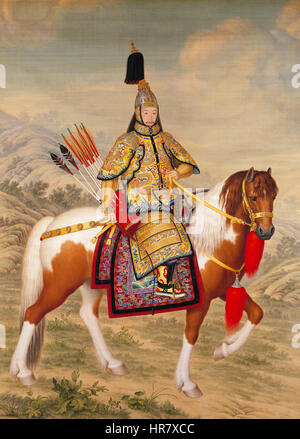 Kaiser Qianlong in zeremoniellen Rüstung auf dem Pferderücken Stockfoto