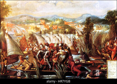 Das Gemälde „die Gefangennahme des mexikanischen Kaisers Cuauhtemoc“ zeigt den Moment, als der letzte aztekische Kaiser von den spanischen Truppen gefangen genommen wurde. Das Kunstwerk beleuchtet dieses kritische Ereignis in der mexikanischen und der Weltgeschichte. Stockfoto
