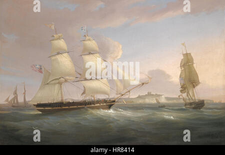 The Merchant Snow Peru vor Dover, ein Gemälde von William John Huggins, das das Handelsschiff Peru in drei Positionen vor der Küste von Dover zeigt, entstanden zwischen 1841 und 1845. Stockfoto