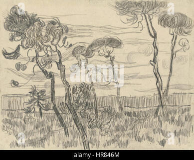 Sechs Kiefern in der Nähe der Umgrenzungswand, ein Gemälde von Vincent Van Gogh, einem niederländischen Post-Impressionisten, entstanden im Jahr 1889. Stockfoto