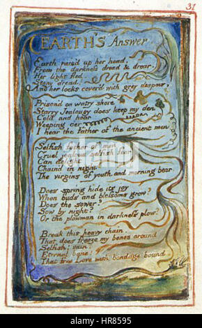 William Blakes Antwort auf die Erde aus „Songs of Innocence and of Experience“ untersucht den Kontrast zwischen Unschuld und Erfahrung. Das Gedicht und die dazugehörige Illustration spiegeln Blakes visionären Stil und die Kritik an sozialen Bedingungen wider. Stockfoto