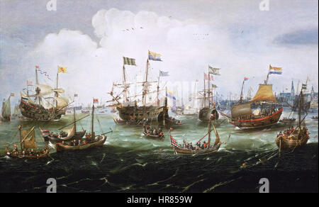 Die Rückkehr nach Amsterdam der zweiten Expedition nach Ostindien am 19 Juli 1599 von Andries van Eertvelt Stockfoto