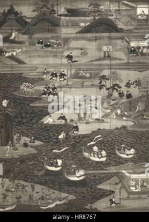 „Tamadare Miya Engi“ ist ein traditioneller japanischer Holzschnitt, der eine Szene aus der Geschichte von „Tamadare Miya“ zeigt, ein beliebtes Thema in der Ukiyo-e-Kunst. Das Bild fängt die für die Edo-Zeit typischen detailreichen Farben ein und zeigt die Schönheit und das Drama der japanischen Erzählkunst. Stockfoto