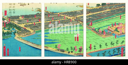 Dieser aus dem 19. Jahrhundert stammende Druck von Yokohama Honcho und dem Vergnügungsviertel Miyosaki zeigt das geschäftige Leben in Japan während der Meiji-Ära. Das Bild unterstreicht den Kontrast zwischen traditionellen und modernen Elementen im Wachstum der Stadt. Stockfoto