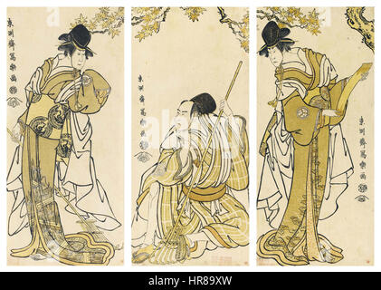 Drei Holzstich-Illustrationen von Tōshūsai Sharaku, einem japanischen Ukiyo-e-Künstler, entstanden in den Jahren 1794-1795, die Matsumoto Kōshirō V und Iwai Hanshirō IV sowie weitere Schauspieler in verschiedenen Rollen zeigen. Stockfoto