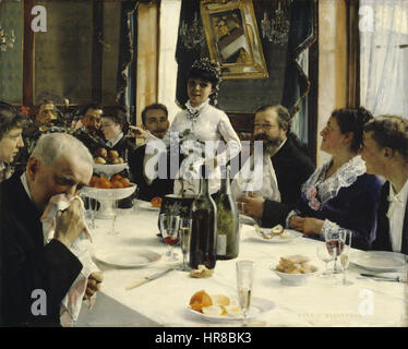 „The Bride's Song“ von Gunnar Berndtson zeigt eine Frau in traditioneller Kleidung, die das Wesen einer Hochzeit oder eines zeremoniellen Moments festhält. Das Gemälde unterstreicht die kulturelle Bedeutung der Braut, während Berndtsons Verwendung von Farbe und Komposition die Anmut und Schönheit des Motivs in einem feierlichen Rahmen darstellt. Stockfoto