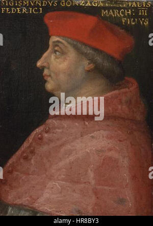 Dieses Porträt zeigt Vescovo Sigismondo Gonzaga, einen italienischen Bischof aus dem 16. Jahrhundert. Das Kunstwerk fängt seine würdevolle Präsenz und kirchliche Kleidung ein, die typisch für die Renaissance ist und die Bedeutung religiöser Figuren in der italienischen Kunst während dieser Zeit unterstreicht. Stockfoto