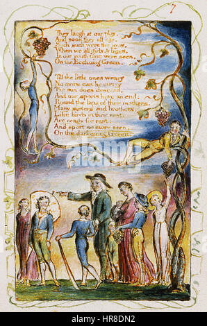 William Blakes Songs of Innocence and of Experience präsentiert „The Echoing Green“, eine heitere, aber ergreifende Illustration der kindlichen Unschuld. Das Exemplar von 1825 ist Teil von Blakes poetischer Erforschung von Unschuld und Erfahrung. Stockfoto