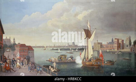„The Thames at Horseferry“ (1710) zeigt die Themse in London und konzentriert sich dabei auf eine geschäftige Flussszene. Das Kunstwerk fängt das geschäftige London des frühen 18. Jahrhunderts und seine wichtige Rolle im britischen Leben ein. Stockfoto