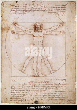 Leonardo da Vincis „vitruvianischer Mann“ ist eine Studie über menschliche Proportionen, die auf den Schriften des römischen Architekten Vitruv basiert. Die Zeichnung zeigt da Vincis Faszination für die Verbindung von Kunst, Wissenschaft und menschlichem Körper und veranschaulicht ideale menschliche Proportionen. Stockfoto