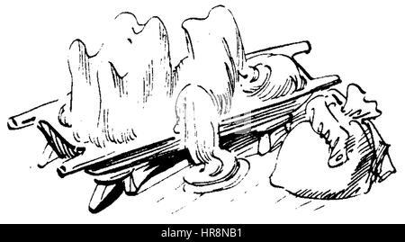 „Der Haarbeutel“ von W Busch ist eine Darstellung einer Figur aus der Folklore oder einer Volksmärche. Das Stück mit einer Figur mit einem „Haarbeutel“ spiegelt Buschs Auseinandersetzung mit germanischen Geschichten und seine Verwendung von Karikatur und detaillierter Zeichnung bei der Darstellung von Charakteren aus der Folklore wider. Stockfoto