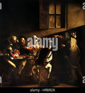 Caravaggios „die Berufung des heiligen Matthäus“ (1599–1600) zeigt den Moment, in dem Christus Matthäus aufruft, ihm zu folgen, und fängt die dramatische Intensität der biblischen Szene mit charakteristischem Licht und Schatten ein. Stockfoto
