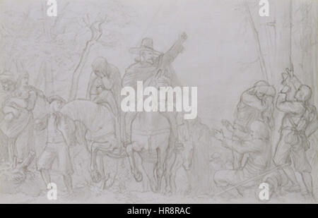 Karel Svobodas „Exulanti po Gle hore“ (Exiles nach der Schlacht am Weißen Berg) aus dem Jahr 1868 zeigt die Nachwirkungen der Schlacht und zeigt eine Gruppe von im Exil lebenden Soldaten und Familien. Das Gemälde spiegelt die politischen und sozialen Folgen der Niederlage im Dreißigjährigen Krieg in Mitteleuropa wider. Stockfoto