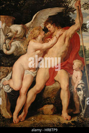 Venus und Adonis ist ein mythologisches Gemälde, das den tragischen Moment der Trennung zwischen Venus und Adonis darstellt. Das Kunstwerk beschäftigt sich mit Themen wie Liebe, Verlust und der flüchtigen Natur des Lebens, die in der klassischen Mythologie und Renaissance-Kunst üblich sind. Stockfoto