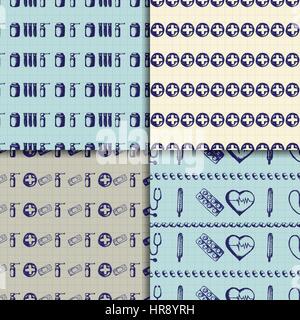 4 Hintergründe für Gesundheitswesen und Medizin. Vektor doodle Musterdesign set mit Thermometer, Herz, Stethoskop und Pillen. Medizinische hand gezeichnete Symbole. Stock Vektor