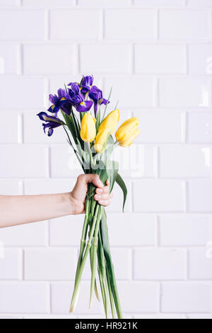 Weibliche Hand hält ein Bouquet von gelben und violetten Blüten auf weißem Hintergrund, vertikale Gestaltung Stockfoto