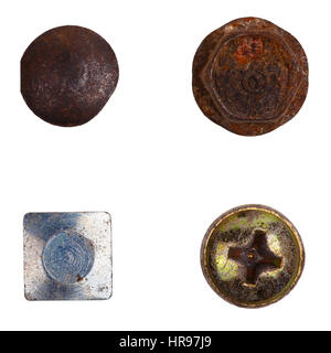 Vier verschiedene Bolzen Köpfe: rostig, silbernen, goldenen isolierten weißen Hintergrund Stockfoto