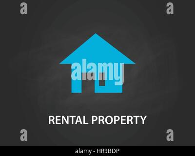Vermietung Immobilien Konzept Abbildung mit einem einfachen blauen Haus Tür und Fenster mit schwarzem Hintergrund Stock Vektor