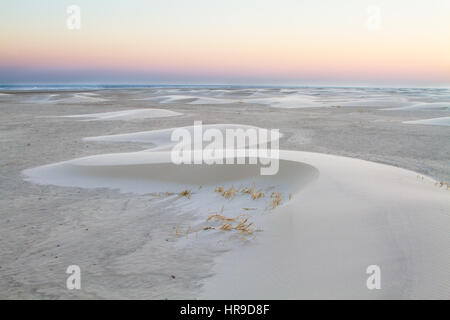 Traumhafte Landschaft, Sonnenaufgang auf einem riesigen Strand mit kleinen Barchan Dünen (Vordünen) Stockfoto