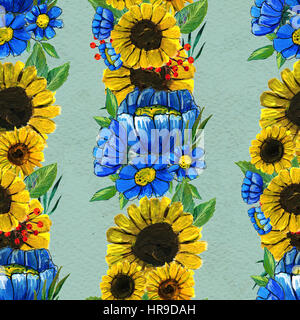 Nahtlose Muster mit blauen Wildblumen und Sonnenblumen. Blumenkarte Aquarell. Stockfoto